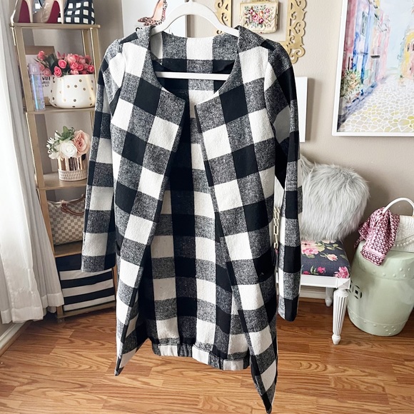Fall Black & White open front checkered plaid long coat jacket size XS - Picture 4 of 12